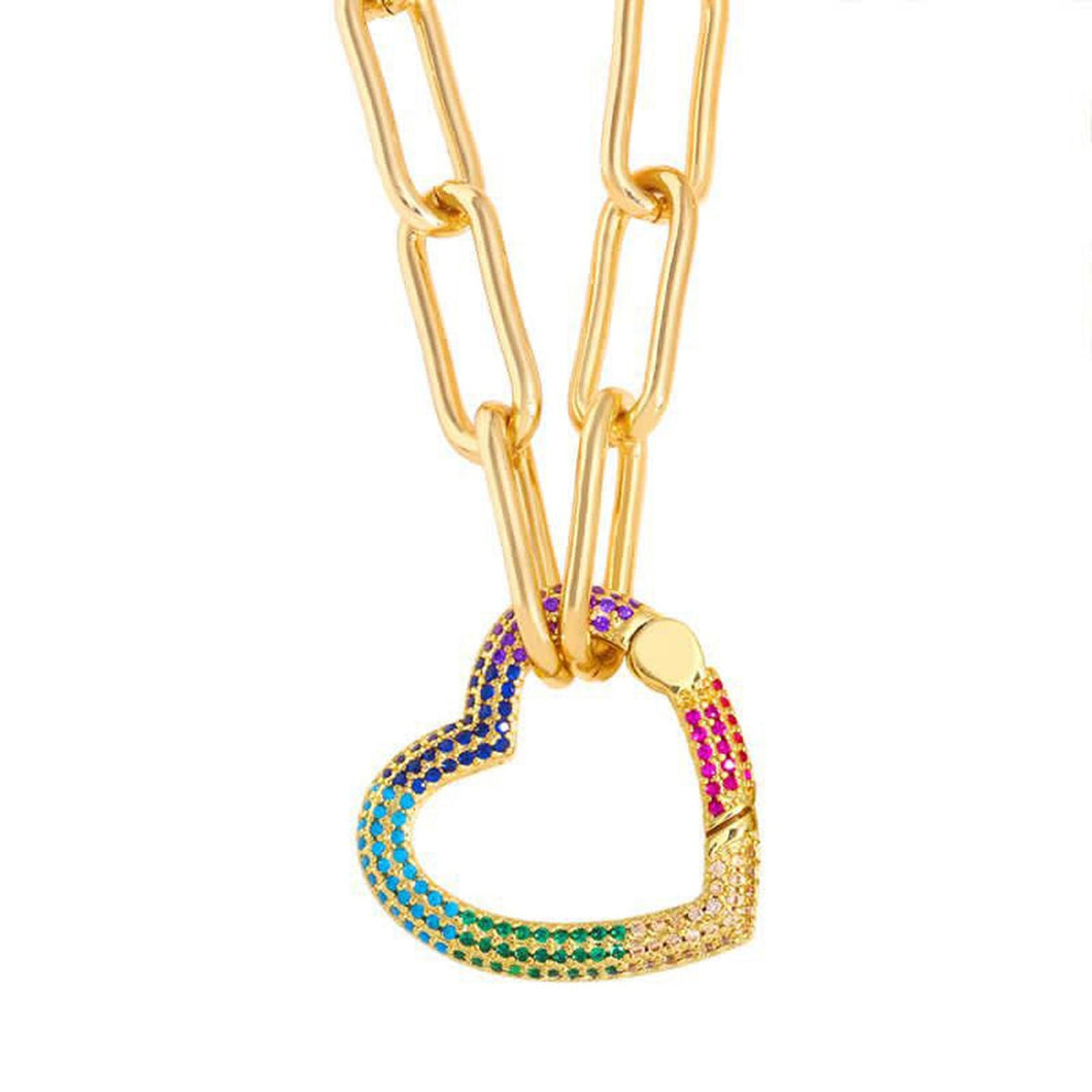 Paper clip necklace with colored micro pave heart