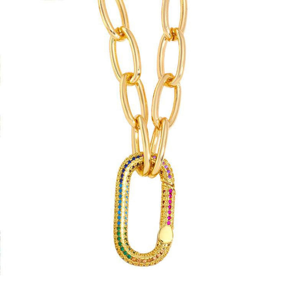 Paper clip necklace with colored micro pave oval